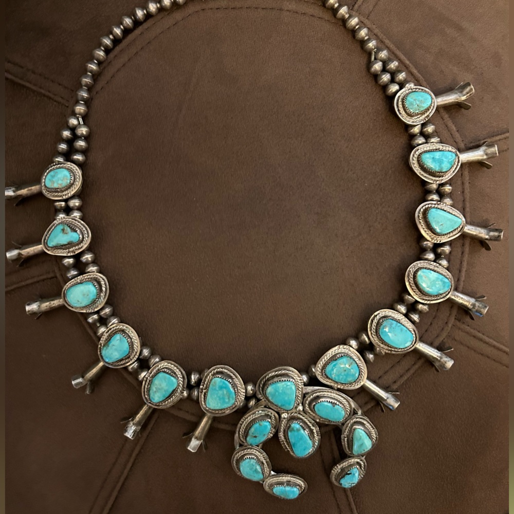 Vintage Genuine Turquoise Squash Blossom Necklace. Sterling Silver.